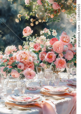 Beautifully set wedding table with elegant floral composition of pink peony roses, fine china and crystal glassware, placed in a luxurious garden. 116608005