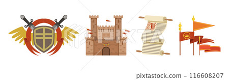 Medieval Object with Castle, Manuscript, Flag and Coat of Arms Vector Set Medieval Object with Castle, Manuscript, Flag and Coat of Arms Vector Set 116608207