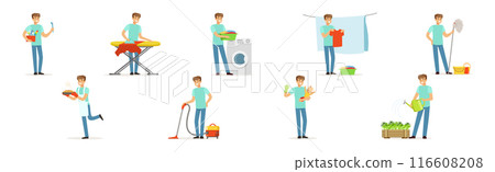 Man Character Doing Household and Domestic Chores Vector Set Man Character Doing Household and Domestic Chores Vector Set 116608208