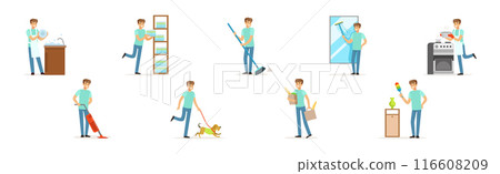 Man Character Doing Household and Domestic Chores Vector Set Man Character Doing Household and Domestic Chores Vector Set 116608209