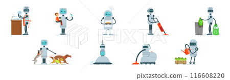 Robots Do Housework and Domestic Chores Vector Set 116608220