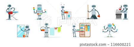 Robots Do Housework and Domestic Chores Vector Set 116608221