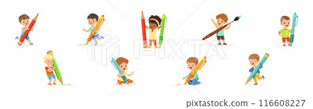 Funny Kids with Huge Paint Brush and Pencil Vector Set Funny Kids with Huge Paint Brush and Pencil Vector Set 116608227