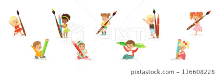Funny Kids with Huge Paint Brush and Pencil Vector Set Funny Kids with Huge Paint Brush and Pencil Vector Set 116608228