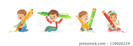 Funny Kids with Huge Pen and Pencil Vector Set Funny Kids with Huge Pen and Pencil Vector Set 116608229