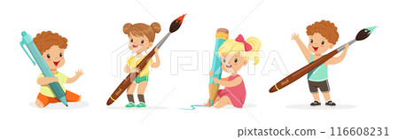 Funny Kids with Huge Paint Brush and Pencil Vector Set Funny Kids with Huge Paint Brush and Pencil Vector Set 116608231