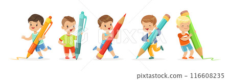 Funny Kids with Huge Paint Pen and Pencil Vector Set 116608235