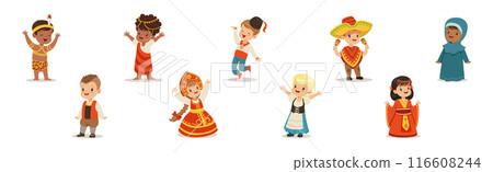 Kids Wearing National Costumes Of Different Countries Vector Set Kids Wearing National Costumes Of Different Countries Vector Set 116608244