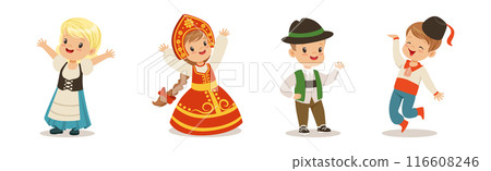 Kids Wearing National Costumes Of Different Countries Vector Set 116608246