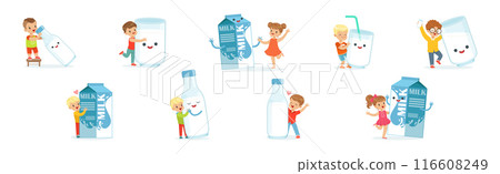 Little Children and Humanized Milk in Bottle and Carton Vector Set Little Children and Humanized Milk in Bottle and Carton Vector Set 116608249