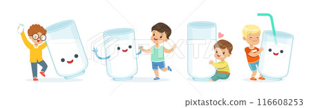 Little Children and Humanized Milk in Glass Vector Set Little Children and Humanized Milk in Glass Vector Set 116608253