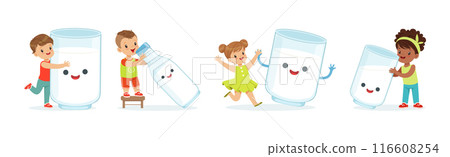 Little Children and Humanized Milk in Bottle and Glass Vector Set Little Children and Humanized Milk in Bottle and Glass Vector Set 116608254