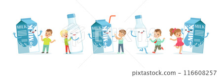 Little Children and Humanized Milk in Bottle and Carton Vector Set 116608257