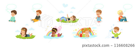 Little Boy and Girl Sit and Dreaming of Something Vector Set Little Boy and Girl Sit and Dreaming of Something Vector Set 116608266