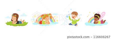 Little Boy and Girl Sit and Dreaming of Something Vector Set Little Boy and Girl Sit and Dreaming of Something Vector Set 116608267