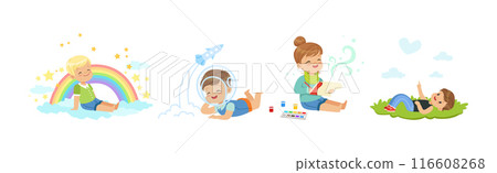 Little Boy and Girl Sit and Dreaming of Something Vector Set Little Boy and Girl Sit and Dreaming of Something Vector Set 116608268