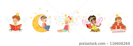 Little Boy and Girl Sit and Dreaming of Something Vector Set 116608269