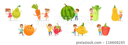 Cute Little Children Having Fun and Playing with Big Fruits and Vegetables Vector Set Cute Little Children Having Fun and Playing with Big Fruits and Vegetables Vector Set 116608285