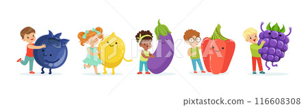 Cute Little Children Having Fun and Playing with Big Fruits and Vegetables Vector Set Cute Little Children Having Fun and Playing with Big Fruits and Vegetables Vector Set 116608308