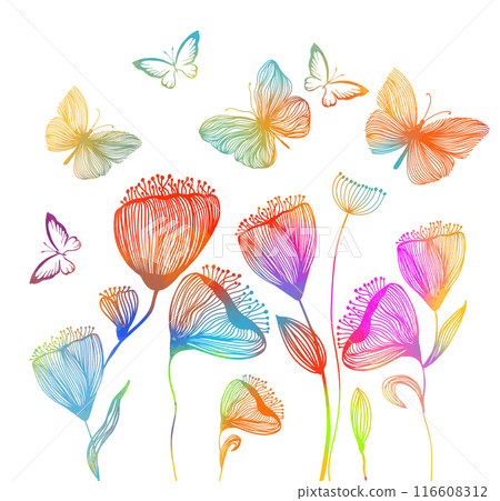 Line colored flowers with butterflies. hand drawing. Not AI, Vector illustration Line colored flowers with butterflies. hand drawing. Not AI, Vector illustration 116608312