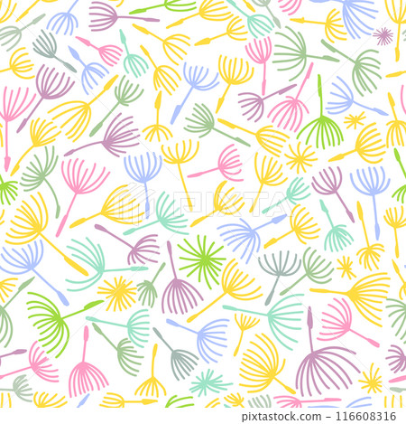 Elegant colored seamless pattern with flower branch. Scandinavian style vector background. Dandelion seamless pattern. hand drawing. Not AI, Vector illustration 116608316