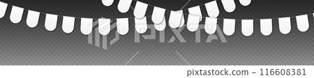 Bunting flags mockup, carnival party flags, festive pennants hanging on a rope. 116608381