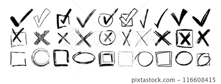 Hand drawn chalk pencil check marks, charcoal checklist icons, crayon tick and crosses symbols 116608415