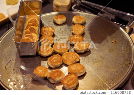 small round minced fish pancakes. freshly prepared 116608738