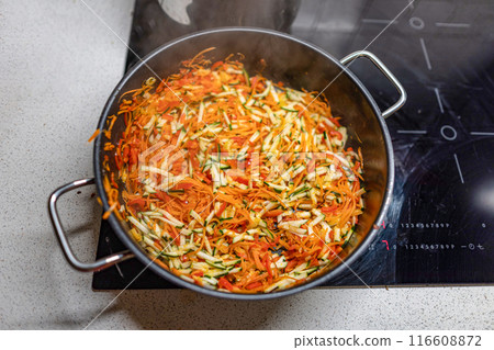 large round modern pan with finely chopped colorful seasonal vegetables 116608872
