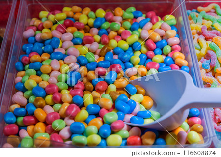 multi-colored dragee candies displayed for sale multi-colored dragee candies displayed for sale 116608874