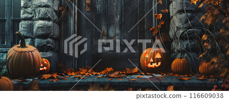 Generative Ai illustration. Scary Halloween dark park with pumpkins and trees in the night Generative Ai illustration. Scary Halloween dark park with pumpkins and trees in the night 116609038