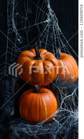 Generative Ai illustration. Scary Halloween dark park with pumpkins and trees in the night Generative Ai illustration. Scary Halloween dark park with pumpkins and trees in the night 116609059