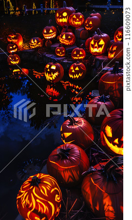 Generative Ai illustration. Scary Halloween dark park with pumpkins and trees in the night 116609073