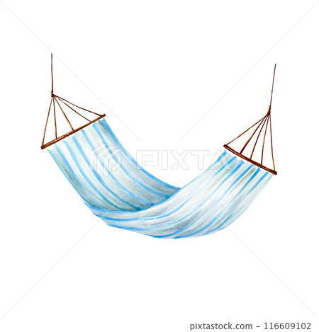 Striped hanging hammock. Watercolor lazy summer hand drawn blue illustration isolated on background. For designers, postcards, greetings, birthday, calendar, wallpapers, wrapping paper, scrapbooking Striped hanging hammock. Watercolor lazy summer hand drawn blue illustration isolated on background. For designers, postcards, greetings, birthday, calendar, wallpapers, wrapping paper, scrapbooking 116609102