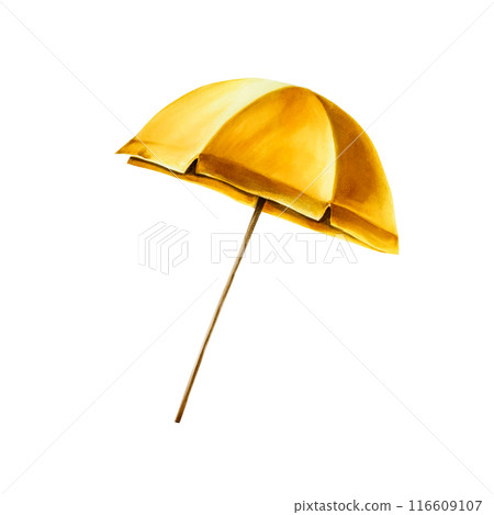 Yellow beach umbrella. Watercolor hand drawn sun illustration isolated on background. For designers, postcards, greetings, birthday, calendar, wallpapers, wrapping paper, scrapbooking, covers 116609107