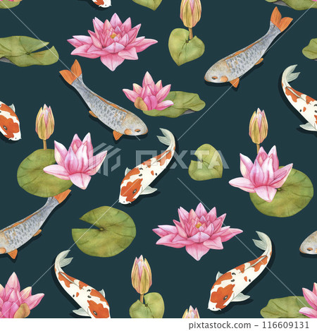 Watercolor koi carps and lotus flowers illustration. Seamless natural pattern. Hand drawn Asian oriental background with rainbow fishes 116609131