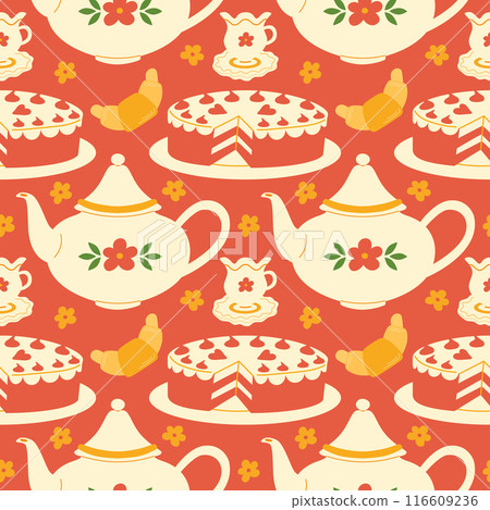 Seamless pattern with teapot, cake and teacup. Porcelain tea set. Tea party. 116609236