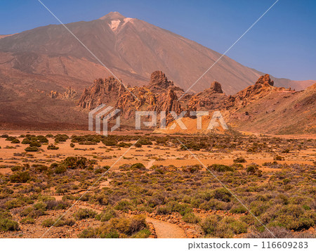 spot in Tenerife with many red rocks and beautiful mountain landscape background spot in Tenerife with many red rocks and beautiful mountain landscape background 116609283