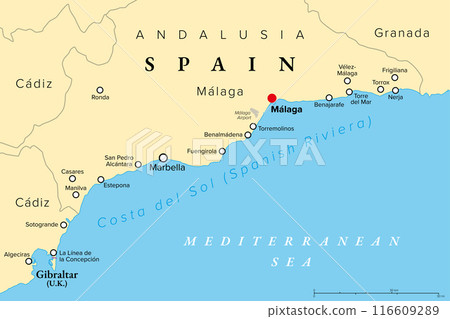 Costa del Sol, Spanish Riviera in Andalusia, political map. World-renowned tourist destination and region south of Spain, the coastline from Gibraltar to Nerja with largest cities Malaga and Marbella. 116609289