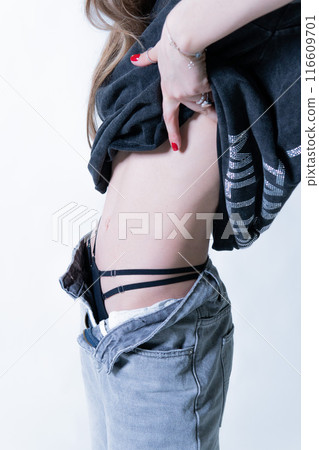 portrait look hand beauty face background underpants white cap person lady model hair 116609701