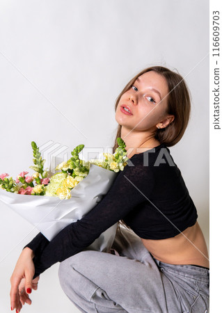 fresh female happy hair smile jeans model fashion girl white beautiful cake flowers fresh female happy hair smile jeans model fashion girl white beautiful cake flowers 116609703