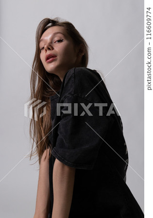 cap white beautiful modern person young portrait lady model hair beauty look hand face background 116609774