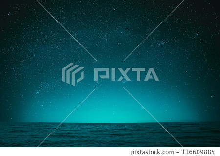 Night Sky Stars. Blue Night Starry Sky In Blue Color Above Ocean Sea Seascape Background Copy space Night Sky Stars. Blue Night Starry Sky In Blue Color Above Ocean Sea Seascape Background Copy space 116609885