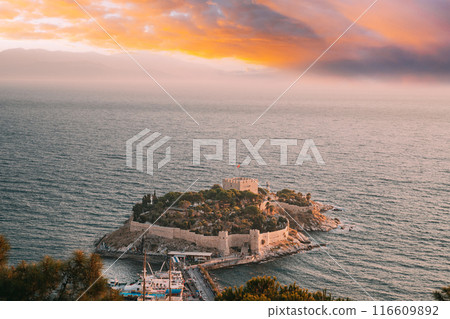 Kusadasi, Aydin Province, Turkey. Top View Of The Pigeon Island. Old 14th-15th Century Fortress On Guvercin Adasi In The Aegean Sea. Bird Island 116609892
