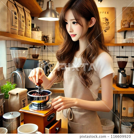 我使用生成的材料畫了一個在咖啡館式廚房裡煮咖啡的女人。 我使用生成的材料畫了一個在咖啡館式廚房裡煮咖啡的女人。 116609920