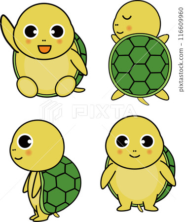 可愛的烏龜舉手，睡覺，躺著，站立姿勢插畫集 116609960