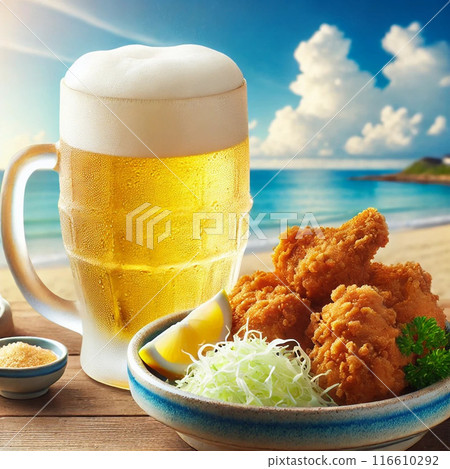 Delicious draft beer and fried chicken on the beach 116610292