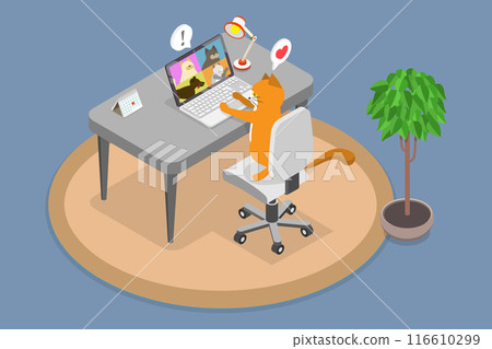 3D Isometric Flat Vector Illustration of Videoconference Of Pets, A Home Animal Chatting with Friends through Online Video Conference on Laptop 116610299
