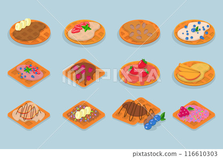 3D Isometric Flat Vector Illustration of Homemade Pastry, Assorted Belgian Waffles with Fresh Berries, Cream, and Icecream 3D Isometric Flat Vector Illustration of Homemade Pastry, Assorted Belgian Waffles with Fresh Berries, Cream, and Icecream 116610303