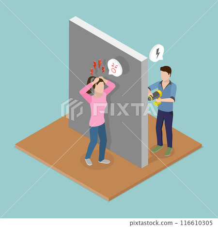 3D Isometric Flat Vector Illustration of Loud Neighbor, Woman Irritated by Noisy Neighbors Home Repairs 116610305